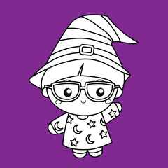 Cute Girl Witch Costume Halloween Party Celebration Cartoon Digital Stamp Outline