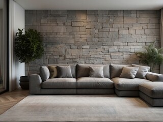 Modern Sectional Sofa in a Living Room with a Stone Wall
