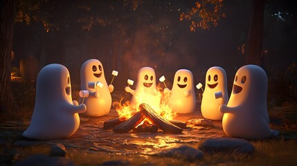 A group of happy 3D-rendered ghosts toasting marshmallows around a crackling campfire with a scenic night backdrop