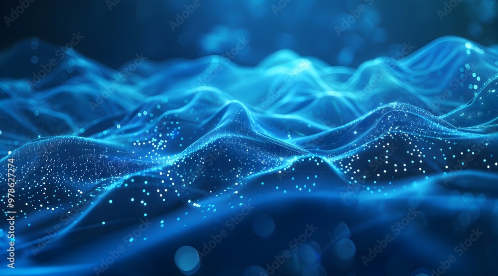 Poster abstract blue digital background with glowing waves and dots on a dark background, a data technology