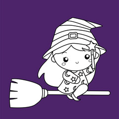Cute Girl Witch Costume Halloween Party Celebration Cartoon Digital Stamp Outline