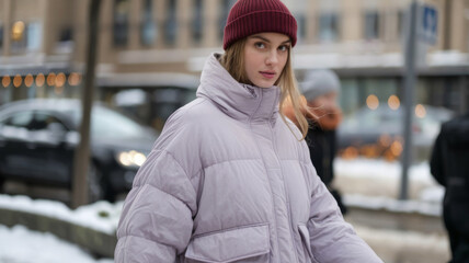 Fototapeta premium Woman wearing a oversized lavender down jacket and maroon beanie, walking on a snowy street in an urban environment. Concept of winter fashion and street style.