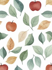 Obraz premium Vibrant Pattern Featuring Lush Green Leaves and Bright Red Apples, Perfectly Blending Natures Elements into a Captivating Design
