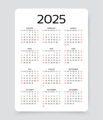 2025 calendar. Calender for year. Week starts Sunday. Pocket or wall template. Scheduler with 12 month. Yearly organizer layout in simple design. Vector illustration. Portrait vertical orientation A4