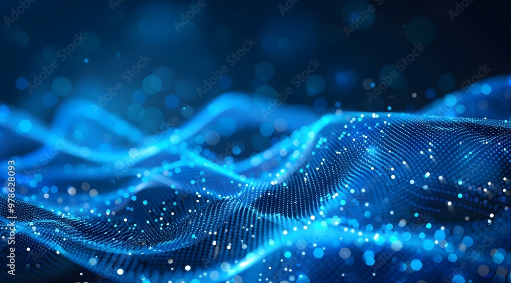 Poster abstract blue digital background with flowing waves of glowing particles and dots, creating an elega