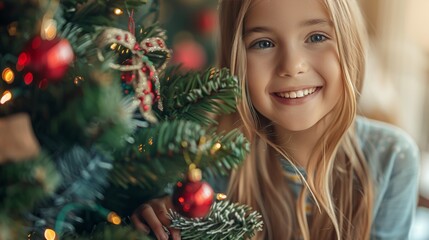 Joyful parent helps daughter decorate the christmas tree, celebrating festive traditions together