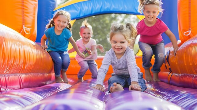 Joyful children enjoying a sunny summer day on an inflatable bounce house adventure