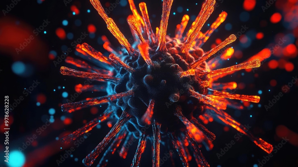Poster close-up view of a vibrant, abstract virus structure with glowing colors, showcasing intricate detai