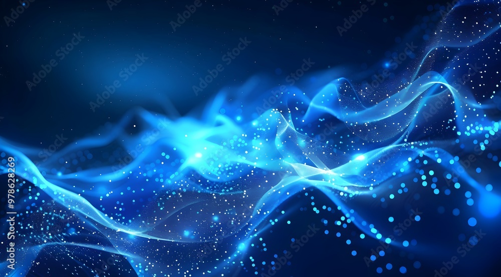 Poster abstract blue digital background with glowing waves and dots on a dark background, a data technology