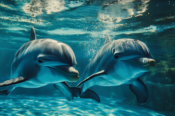 Obraz premium Two dolphins swimming gracefully underwater, showcasing their playful nature.