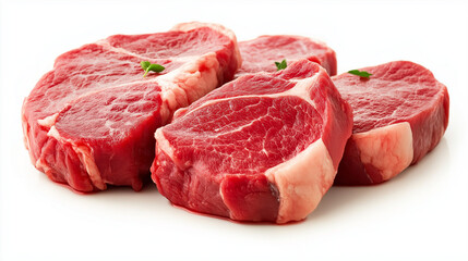 Fototapeta premium Prime cuts of raw beef steak on a white background, ideal for representing fresh ingredients, butcher shop offerings, and food design ideas.