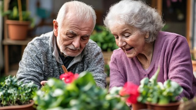 An elderly couple enjoys potting flowers and tending to their indoor garden, sharing smiles and laughter as they cultivate their cherished plants in a warm, inviting environment