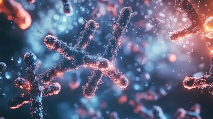 Fototapeta premium A detailed close-up of colorful microscopic cells showcasing their unique structures and vibrant colors, ideal for science themes.