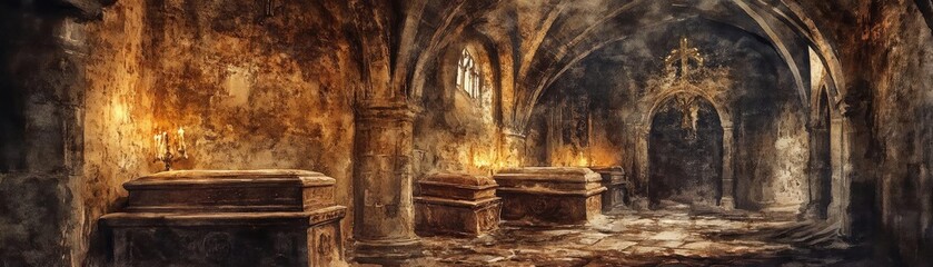 Eerie underground crypt with ancient stone walls, gothic arches, and mysterious lighting. Perfect for horror or historical themes.