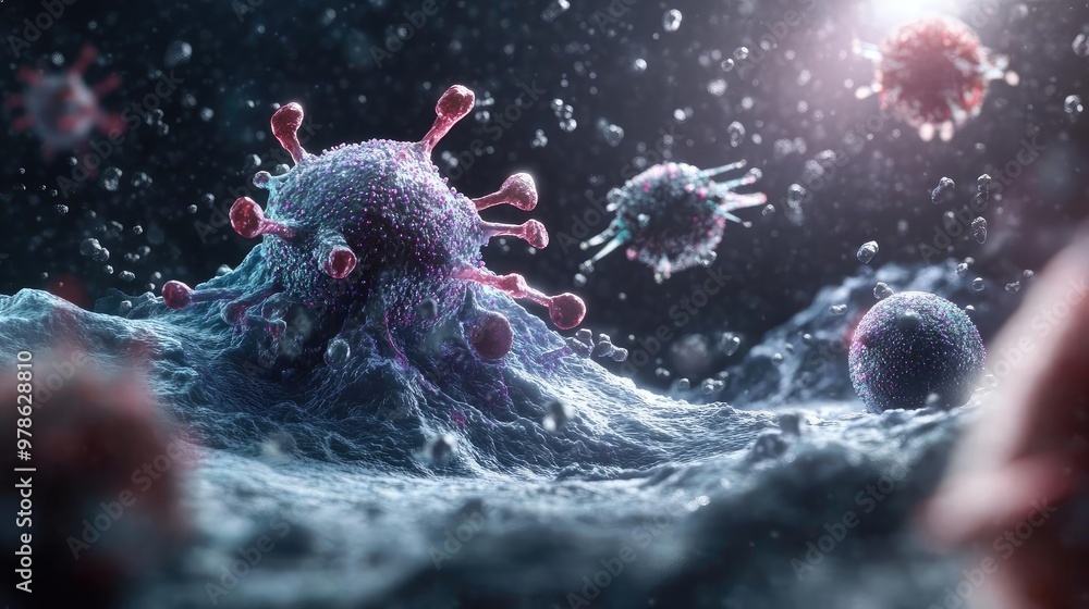 Poster colorful representation of microscopic viruses highlighted in a dark ambiance, showcasing intricate 