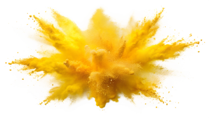 A vibrant explosion of yellow powder creates a dynamic and colorful visual effect, isolated on a transparent or white background.