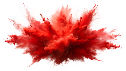 Vivid red powder explosion creating dramatic visual effects, isolated on a transparent or white background.