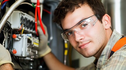 A technician in safety glasses and gloves is engaged in electrical repairs inside a commercial building. He is concentrated on fixing complex wiring and equipment