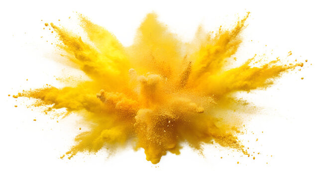 A vibrant explosion of yellow powder creates a dynamic and colorful visual effect, isolated on a transparent or white background.