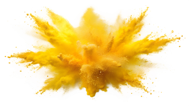 A vibrant explosion of yellow powder creates a dynamic and colorful visual effect, isolated on a transparent or white background.