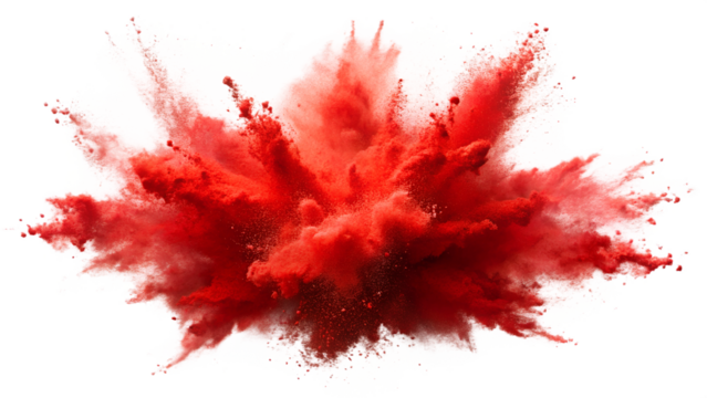 Vivid red powder explosion creating dramatic visual effects, isolated on a transparent or white background.