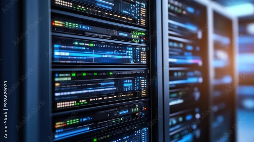 Poster rows of server racks densely packed with high-performance equipment illuminate the darkened data cen