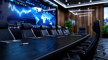 Global Conference Room Setup. Modern Business Meeting Room with Global Logistics Data and E-Commerce Metrics for Transformation, Copy Space Available