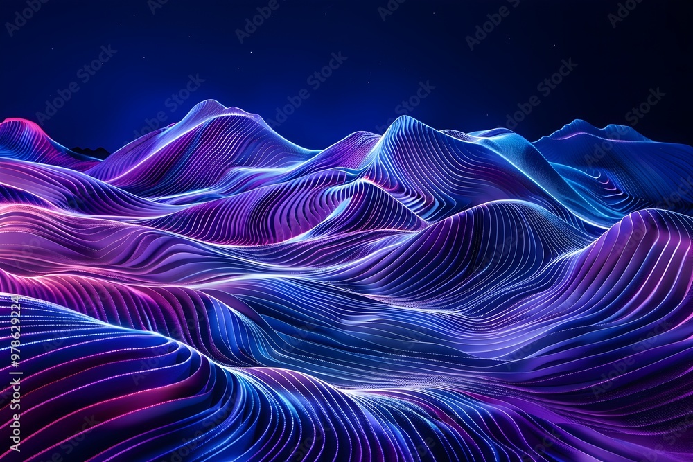 Poster abstract neon waves of purple and blue colors, creating an otherworldly landscape with undulating hi