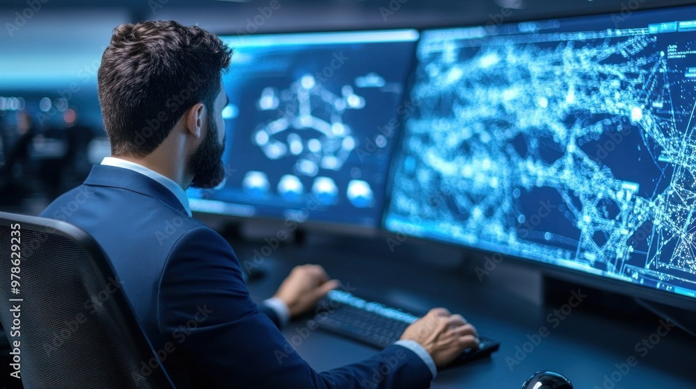 Poster the professional sits attentively at a workstation, engaged in analyzing intricate data visualizatio