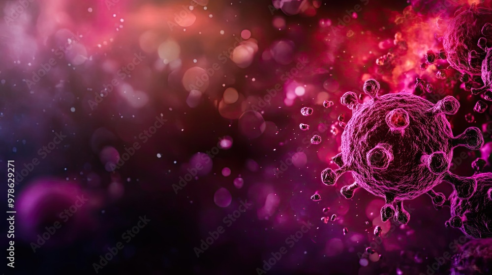 Poster vibrant abstract representation of a virus in a cosmic background, illustrating the intersection of 
