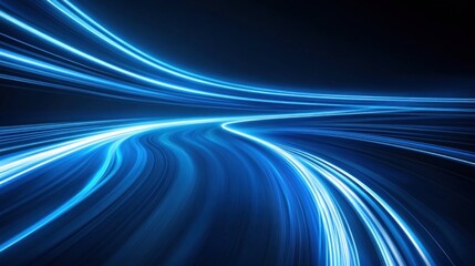 Bright blue light trails swirl and flow smoothly across a dark backdrop, evoking a sense of motion and energy in a modern, abstract composition