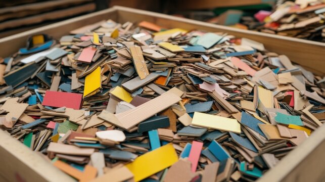 A vibrant variety of cardboard scraps fills a wooden box, showcasing various colors and textures. These materials are ideal for creative projects at a local arts and crafts workshop