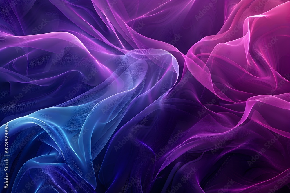 Poster abstract neon waves of purple and blue colors, creating an otherworldly landscape with undulating hi