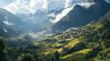 Fototapeta premium A breathtaking mountain landscape featuring lush greenery, serene village, and majestic peaks under a clear blue sky.