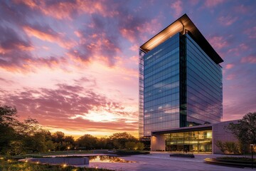 Obraz premium Modern glass skyscraper at sunset with vibrant clouds and serene landscaping.