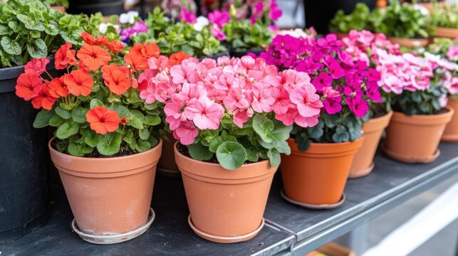 A variety of geraniums in shades of pink, red, and purple are arranged in terracotta pots, showcasing their beauty at a bustling market. The vibrant flowers attract attention during spring