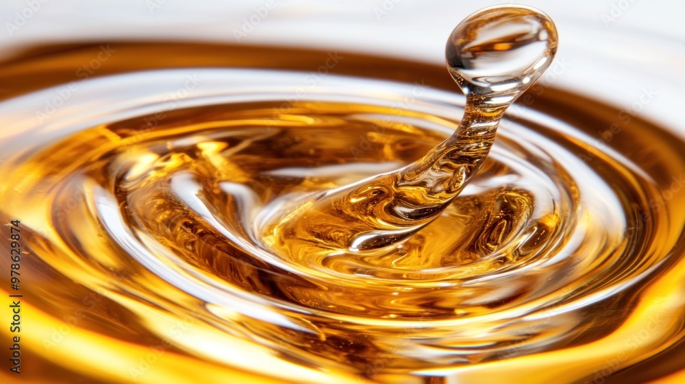 Poster a droplet of golden liquid falls into a pool, causing a series of concentric ripples that shimmer in