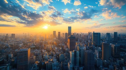 Obraz premium A breathtaking sunset over a bustling city skyline, showcasing stunning cloud patterns and vibrant colors in the evening sky.
