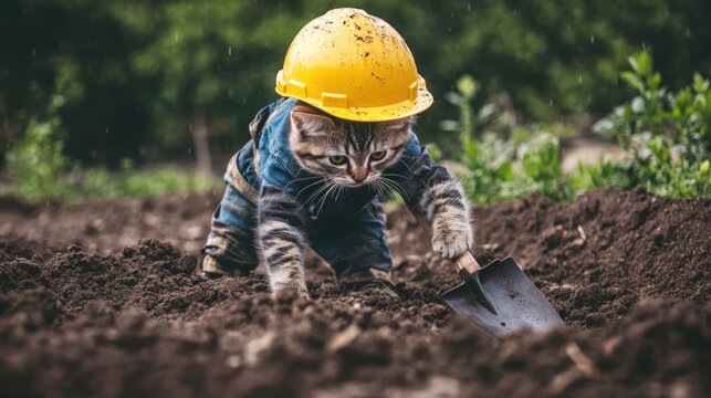 A small kitten wearing a bright yellow helmet eagerly digs into soft, moist soil in a garden. Its paws are busy with a small spade, demonstrating playful determination amidst greenery