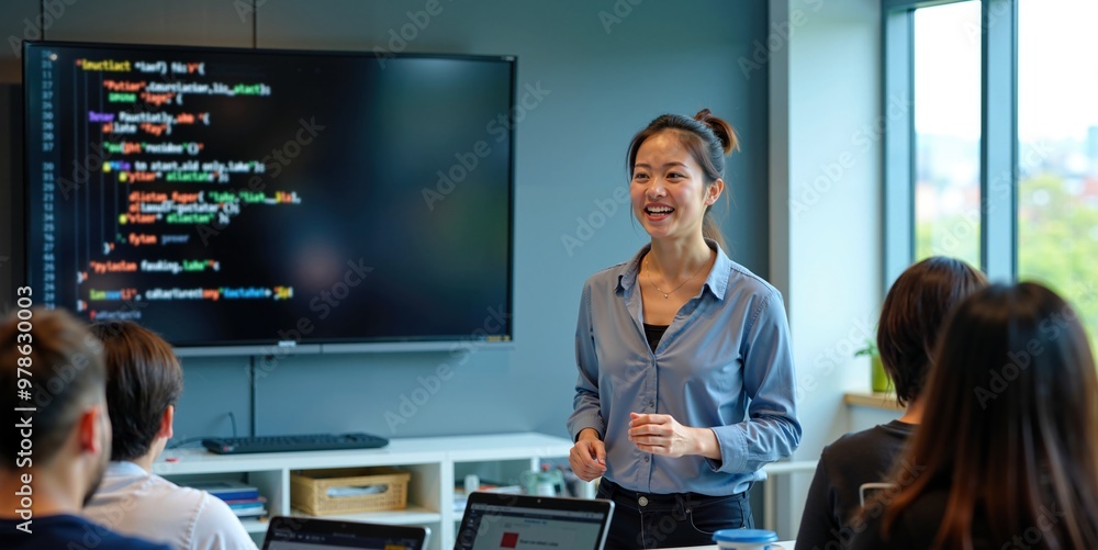 Wall mural asian female instructor leading programming class with diverse group of students using laptops