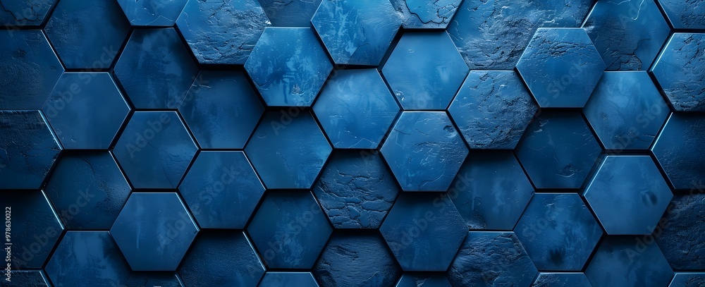 Poster blue background with dark blue hexagons in the foreground. the pattern is made of several large and 