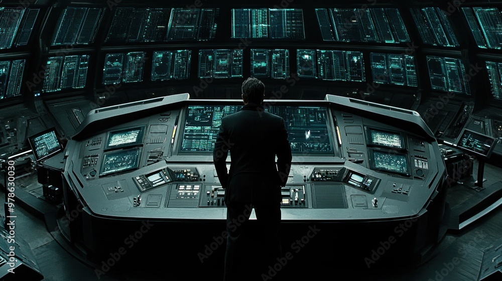 Poster a figure stands in a dark, high-tech control room, gazing at an array of illuminated screens display