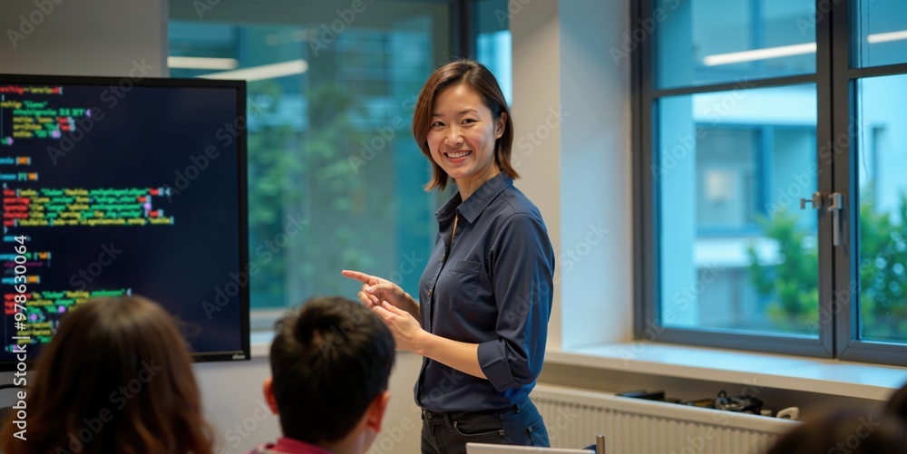 Wall mural asian female instructor leading programming class with students using laptops