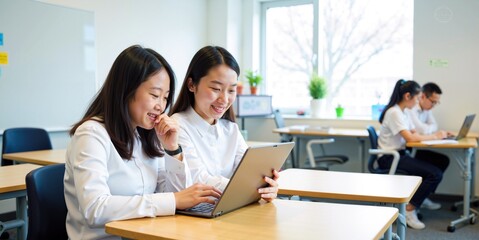 Fototapeta premium Two Female Asian Students Collaborating and Studying Together in Classroom With Laptop