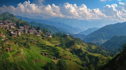 Fototapeta premium A breathtaking view of terraced fields and mountain villages under a vibrant sky, showcasing nature's beauty and rural tranquility.