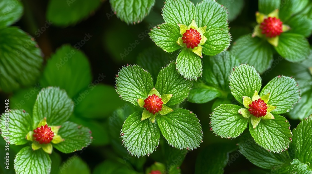 Poster red wild strawberry background top view : generative ai