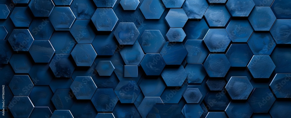 Poster blue background with dark blue hexagons in a seamless pattern, creating an abstract and futuristic d