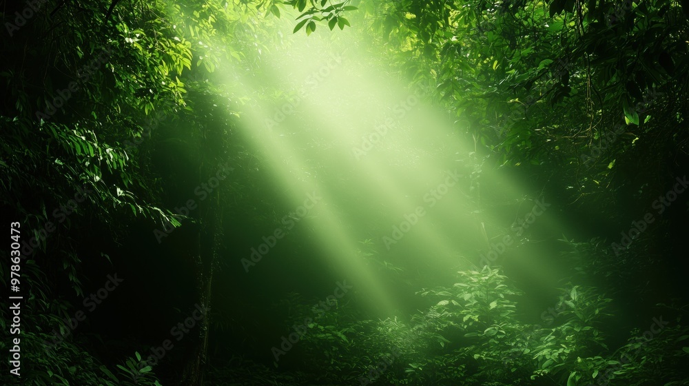 Poster soft rays of sunlight illuminate the dense greenery, creating a serene atmosphere in the forest as m