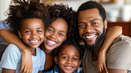 Fototapeta premium A father and his four kids sit closely together, exuding happiness. The natural light fills the room as they pose with wide smiles, creating a heartwarming atmosphere of love and bonding