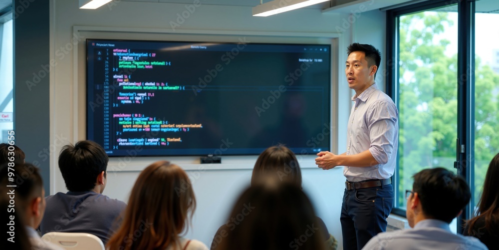 Wall mural asian male instructor leading programming class with students using laptops